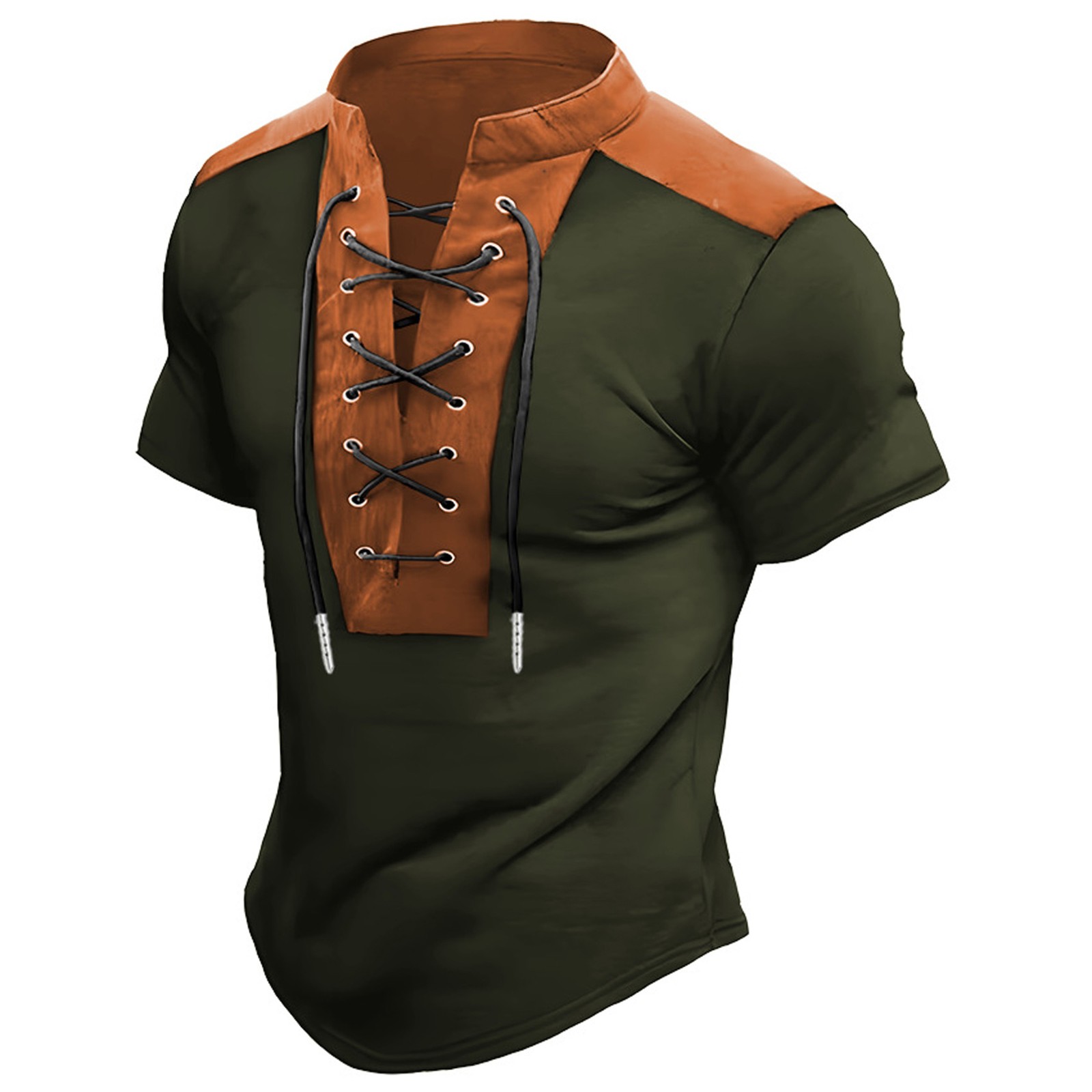 thumbnail image 2 of Camisa de manga corta con cuello alto y bloques de color para hombre - Cuello en V informal y cómodo - Poliéster/spandex, tallas M-XXXL, 2 of 4